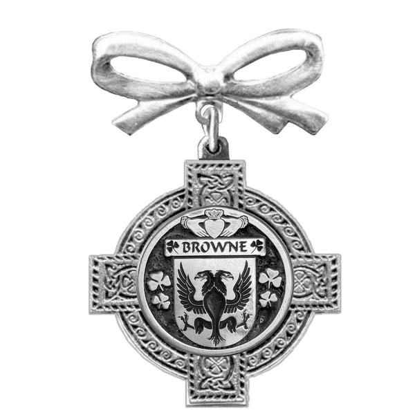 Browne Irish Coat of Arms Celtic Cross Bow Brooch