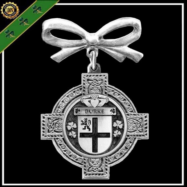 Burke Irish Coat of Arms Celtic Cross Bow Brooch