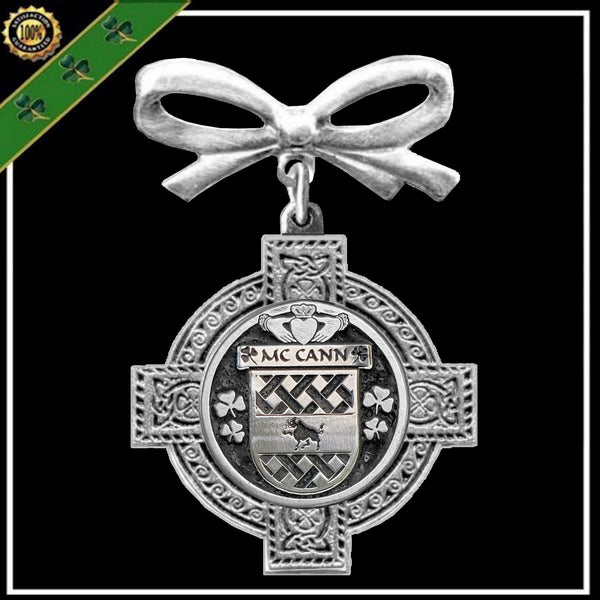 McCann Irish Coat of Arms Celtic Cross Bow Brooch