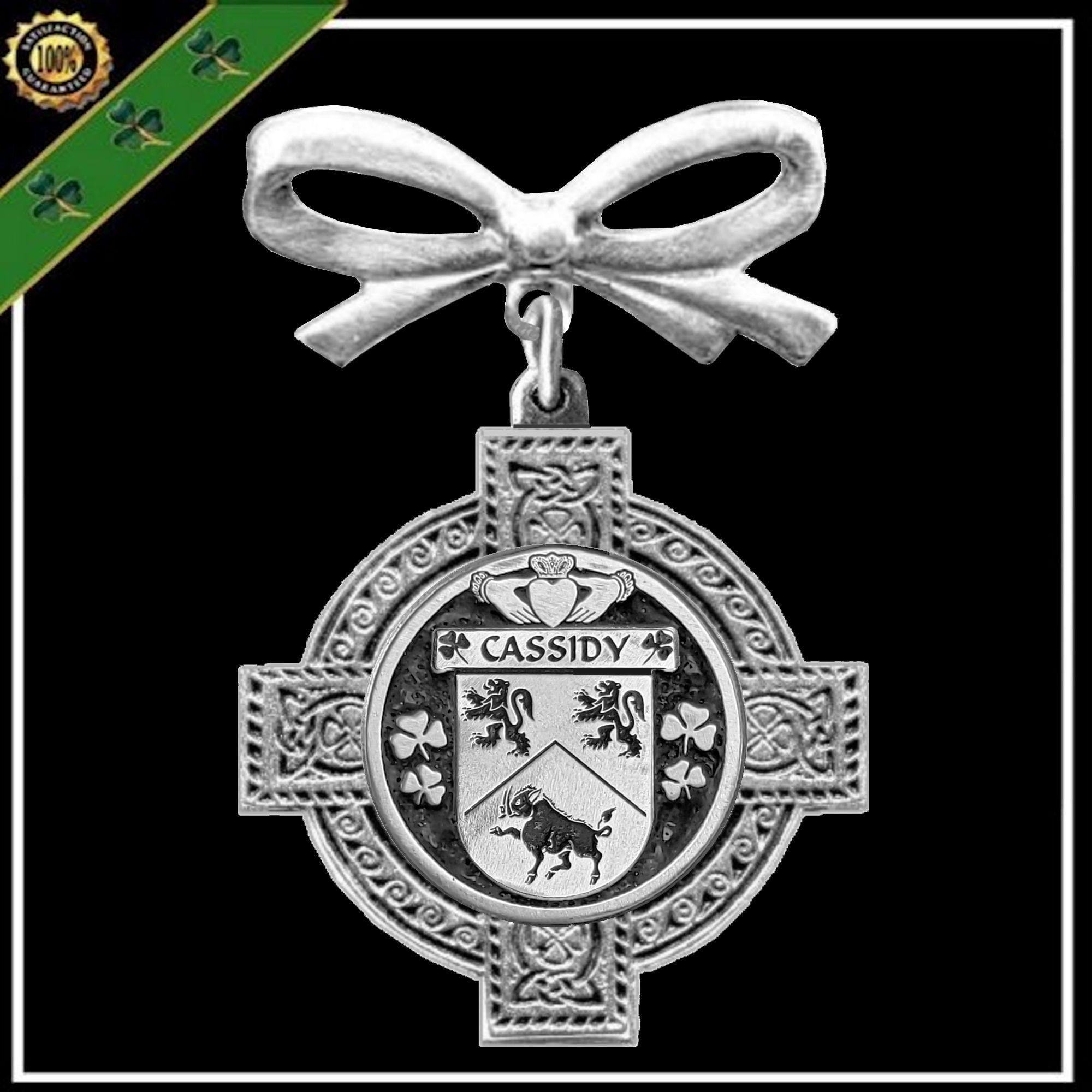 Cassidy Irish Coat of Arms Celtic Cross Bow Brooch
