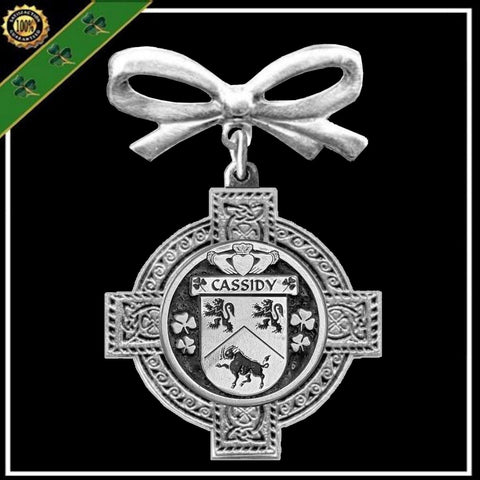 Cassidy Irish Coat of Arms Celtic Cross Bow Brooch