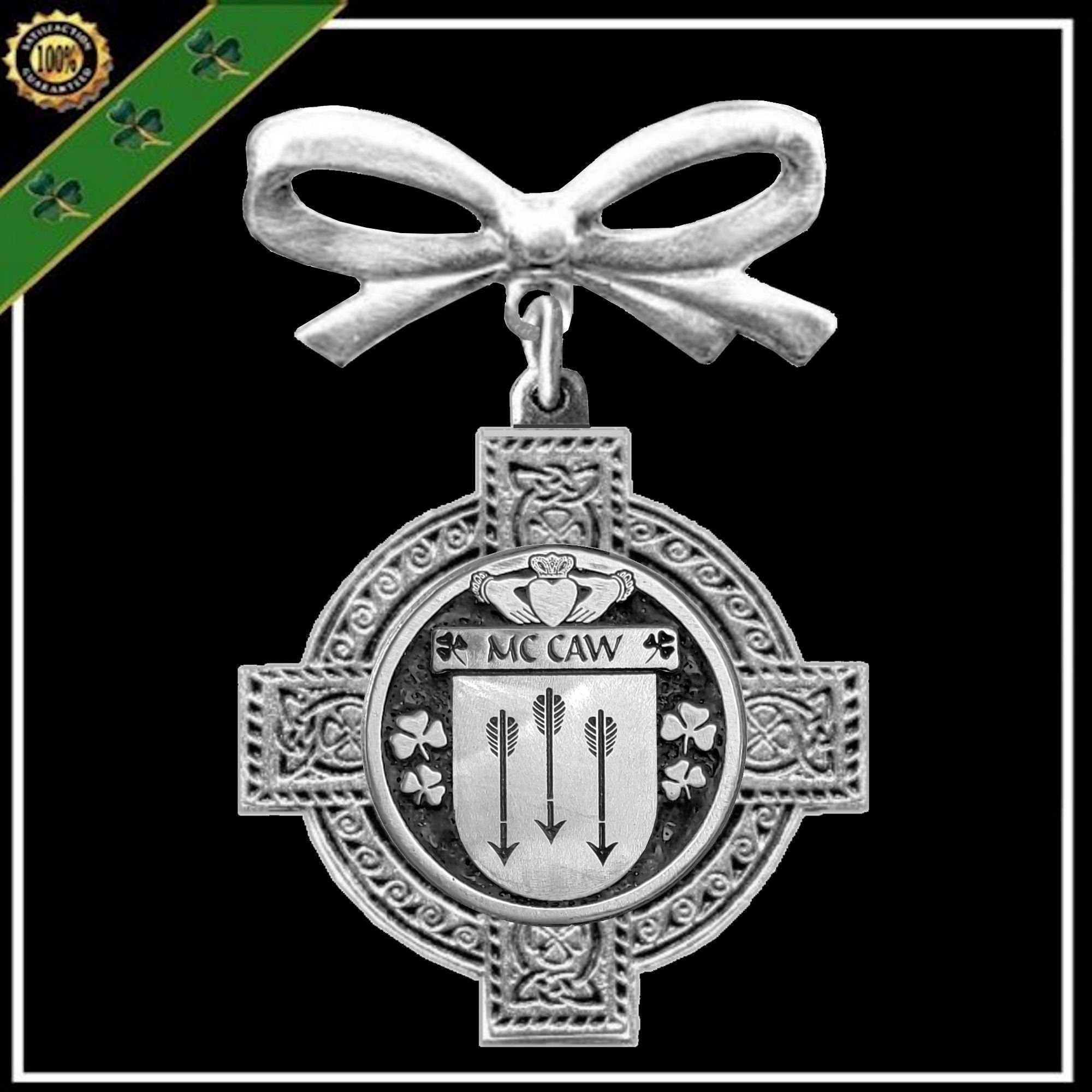 McCaw Irish Coat of Arms Celtic Cross Bow Brooch