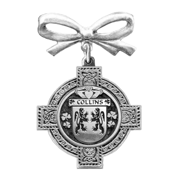 Collins Irish Coat of Arms Celtic Cross Bow Brooch