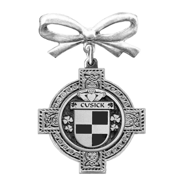 Cusick Irish Coat of Arms Celtic Cross Bow Brooch