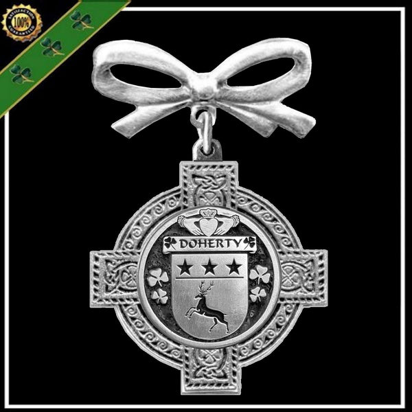 Doherty Irish Coat of Arms Celtic Cross Bow Brooch