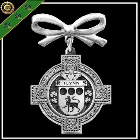 Flynn Irish Coat of Arms Celtic Cross Bow Brooch