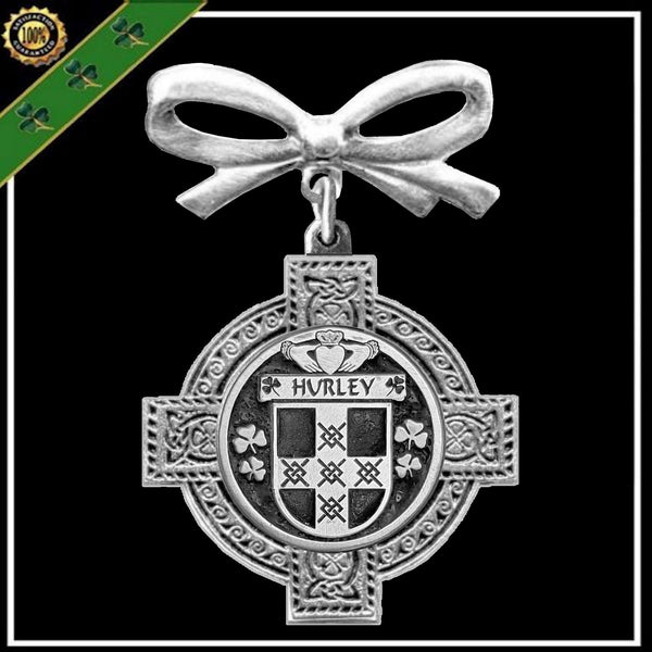 Hurley Irish Coat of Arms Celtic Cross Bow Brooch