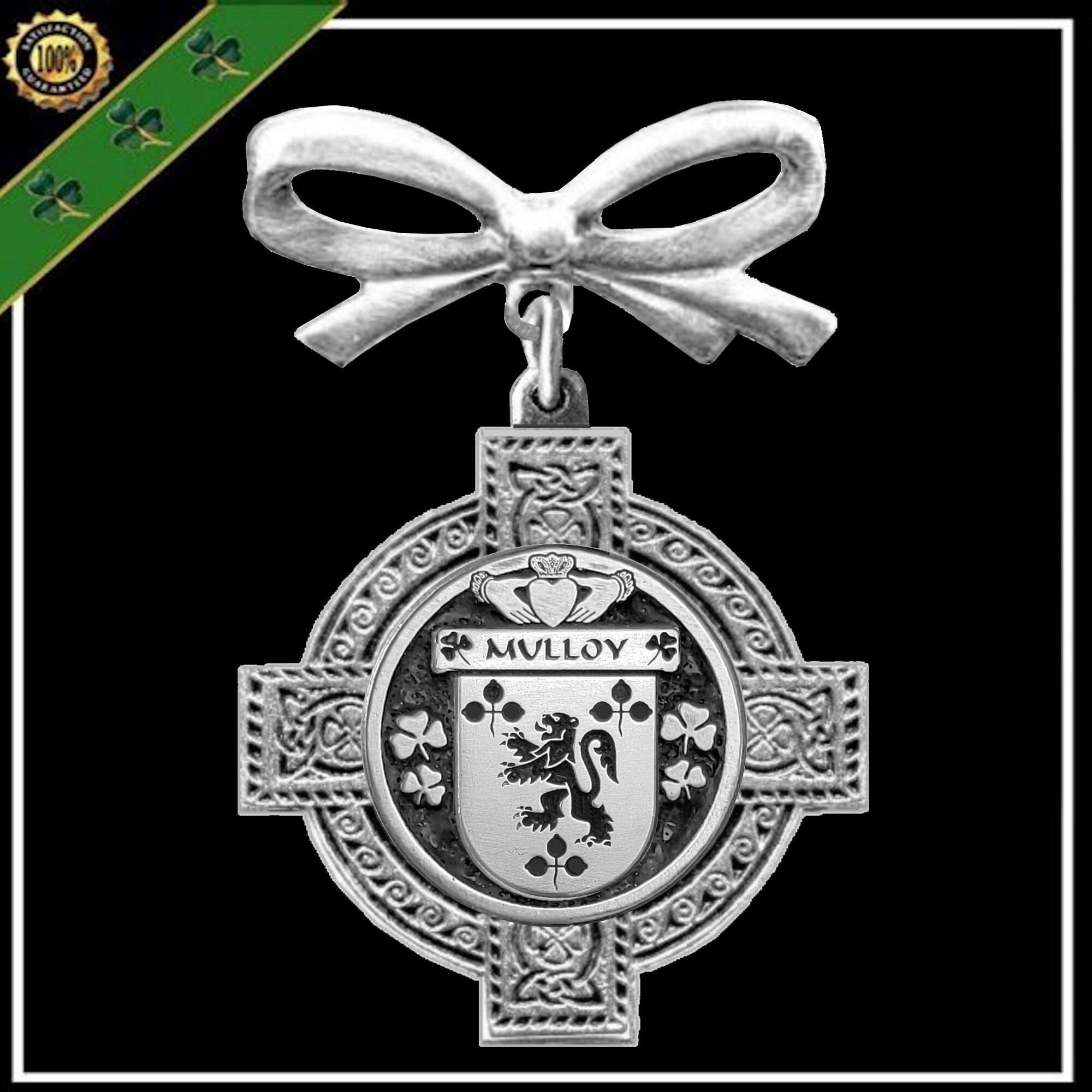 Mulloy Irish Coat of Arms Celtic Cross Bow Brooch