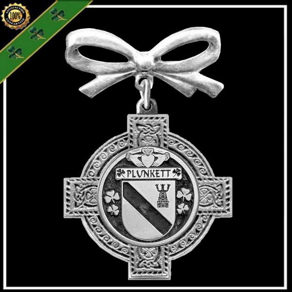 Plunkett Irish Coat of Arms Celtic Cross Bow Brooch