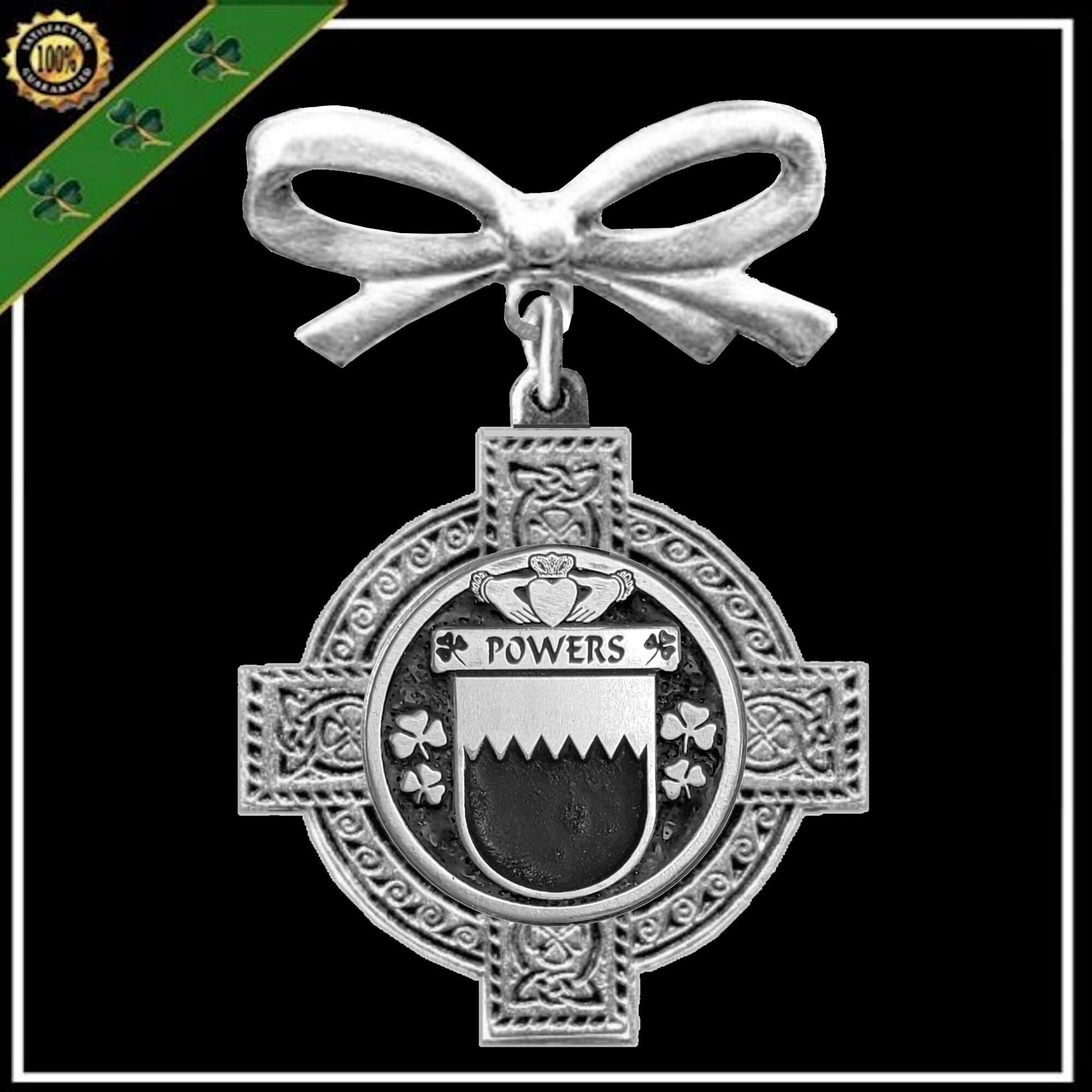 Powers Irish Coat of Arms Celtic Cross Bow Brooch