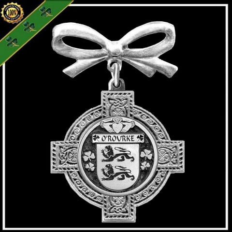 O'Rourke Irish Coat of Arms Celtic Cross Bow Brooch