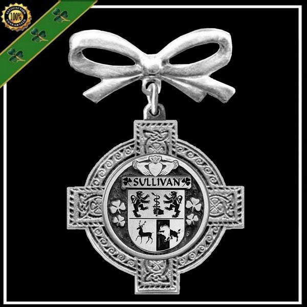 Sullivan Irish Coat of Arms Celtic Cross Bow Brooch