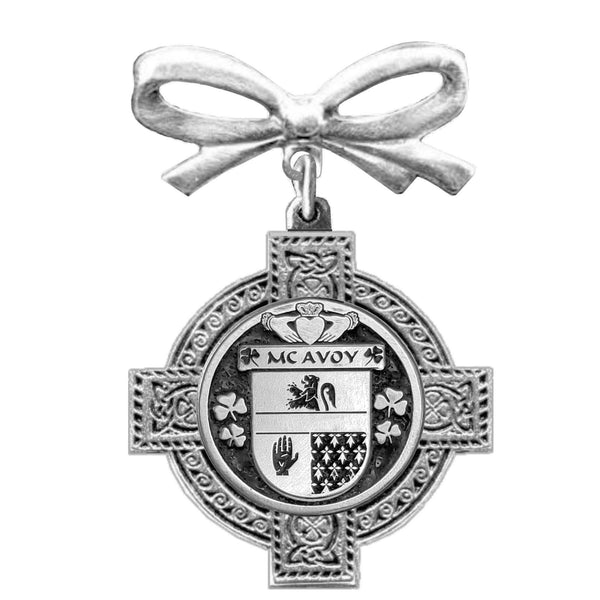McAvoy Irish Coat of Arms Celtic Cross Bow Brooch