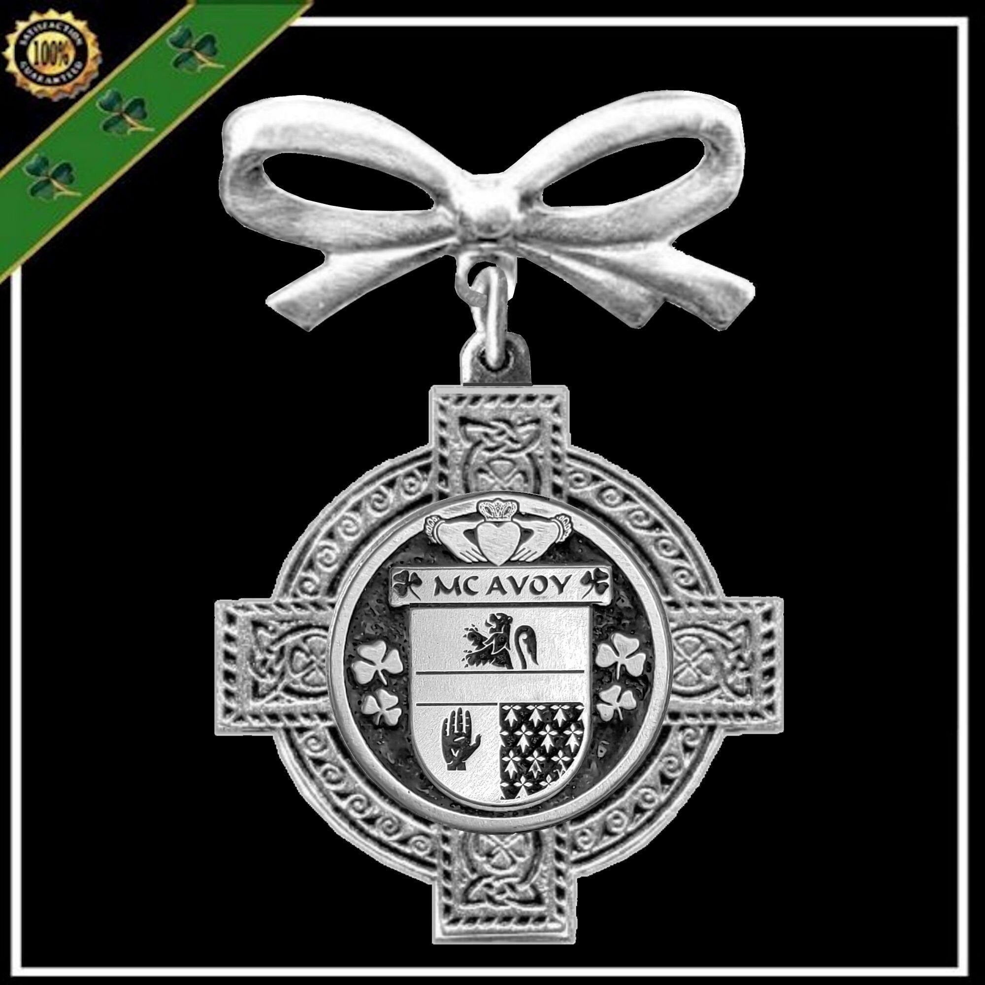 McAvoy Irish Coat of Arms Celtic Cross Bow Brooch