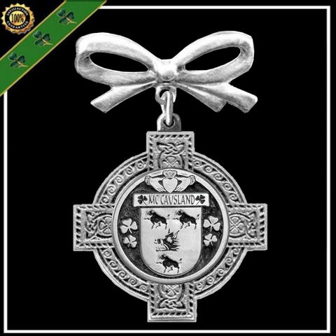 McCausland Irish Coat of Arms Celtic Cross Bow Brooch