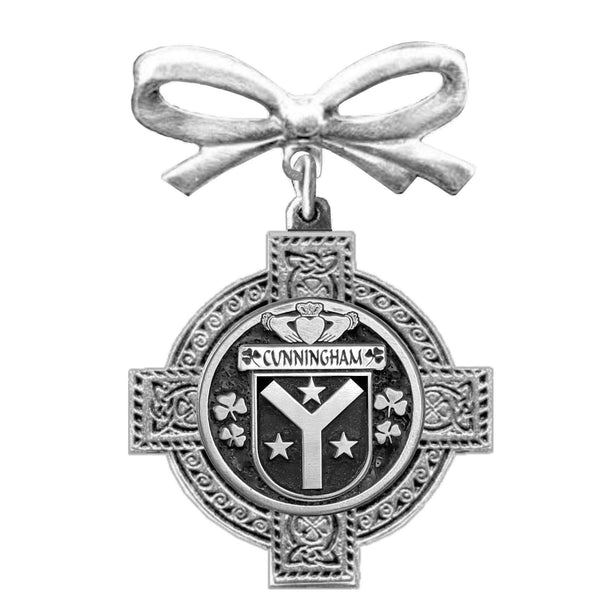 Cunningham Irish Coat of Arms Celtic Cross Bow Brooch
