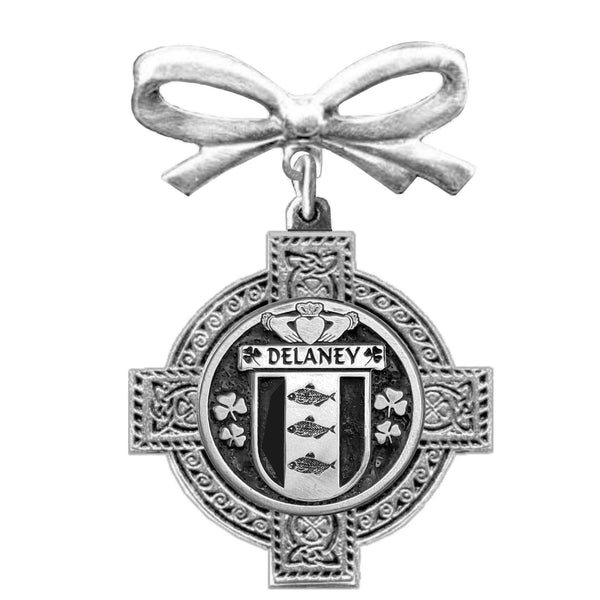 Delaney Irish Coat of Arms Celtic Cross Bow Brooch