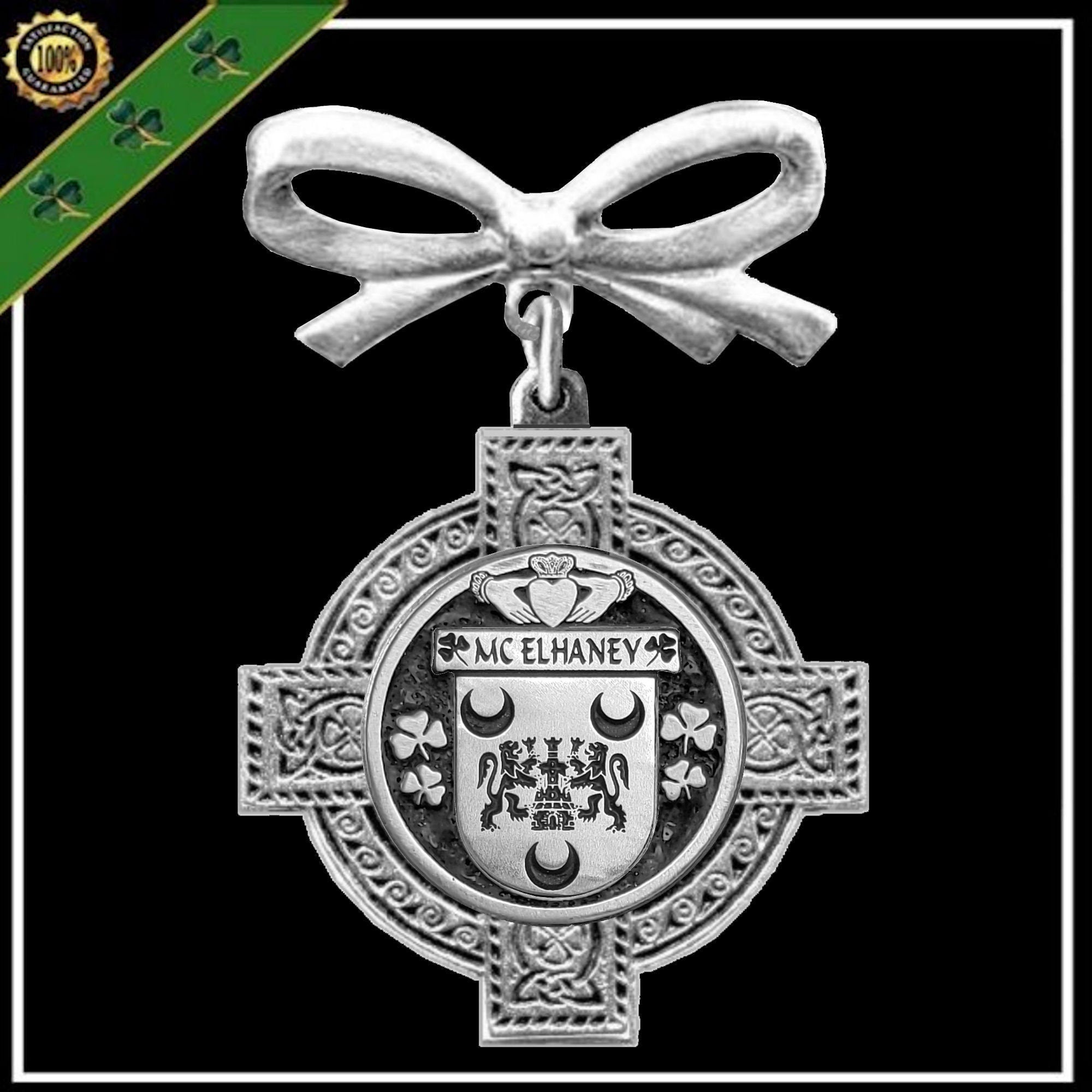 McElhaney Irish Coat of Arms Celtic Cross Bow Brooch