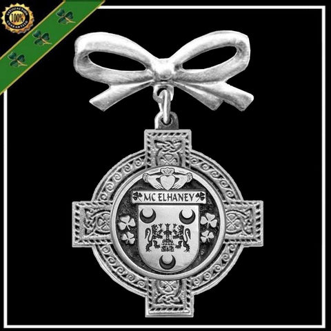 McElhaney Irish Coat of Arms Celtic Cross Bow Brooch