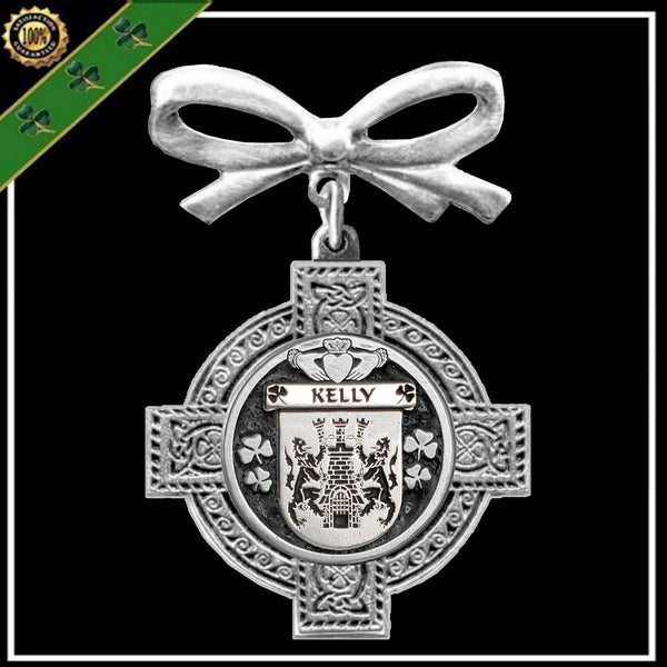 Kelly Irish Coat of Arms Celtic Cross Bow Brooch