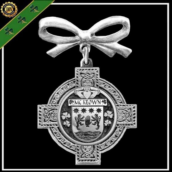 McKeown Irish Coat of Arms Celtic Cross Bow Brooch