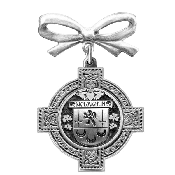 McLoughlin Irish Coat of Arms Celtic Cross Bow Brooch