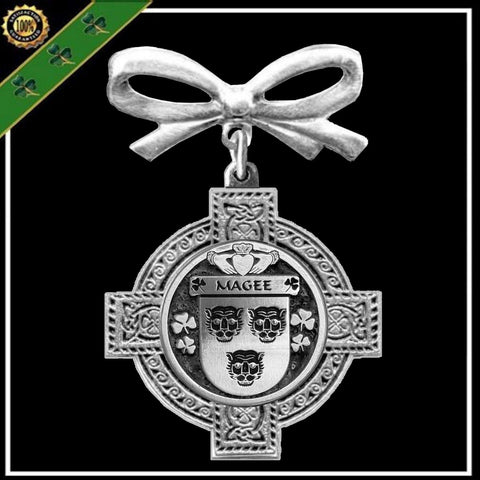 Magee Irish Coat of Arms Celtic Cross Bow Brooch
