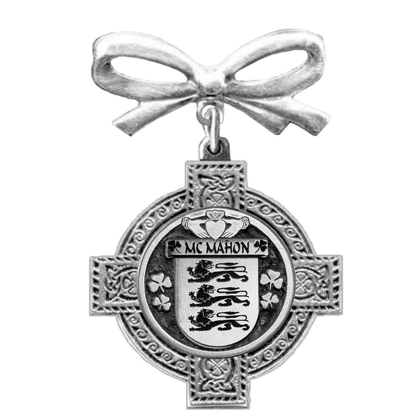 McMahon Irish Coat of Arms Celtic Cross Bow Brooch