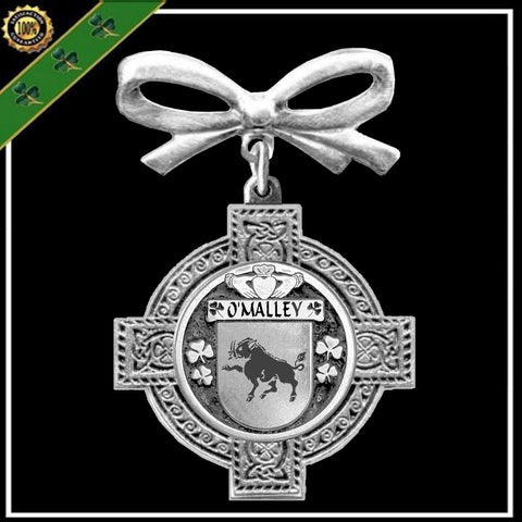 O'Malley Irish Coat of Arms Celtic Cross Bow Brooch