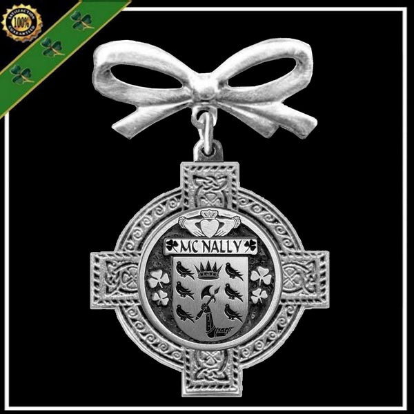 McNally Irish Coat of Arms Celtic Cross Bow Brooch