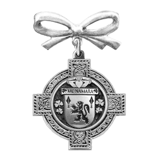 McNamara Irish Coat of Arms Celtic Cross Bow Brooch
