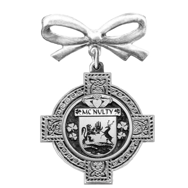 McNulty Irish Coat of Arms Celtic Cross Bow Brooch