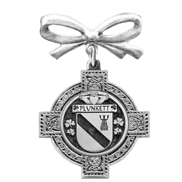 Plunkett Irish Coat of Arms Celtic Cross Bow Brooch