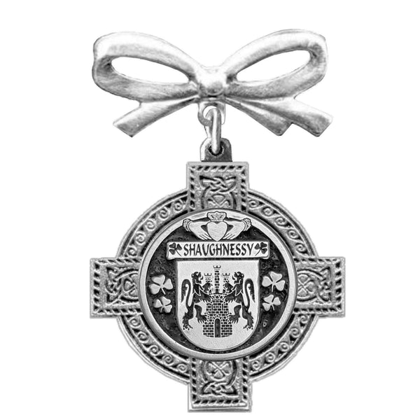 Shaughnessy Irish Coat of Arms Celtic Cross Bow Brooch
