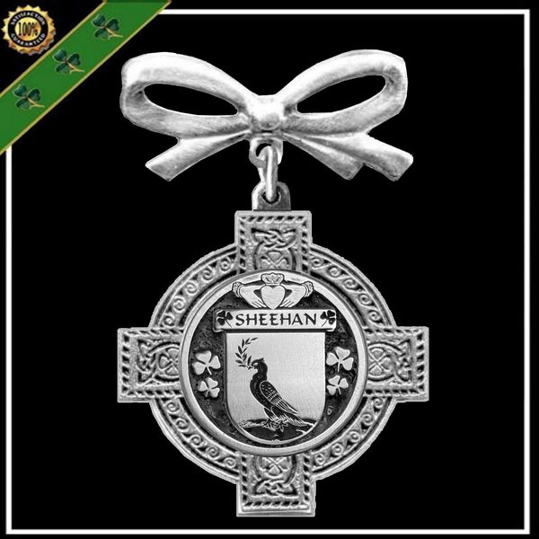 Sheehan Irish Coat of Arms Celtic Cross Bow Brooch