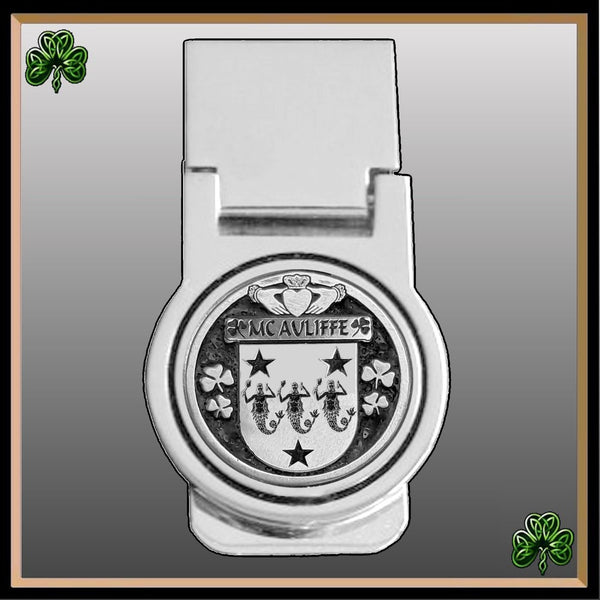McAuliffe Irish Disk Coat of Arms Round Money Clip
