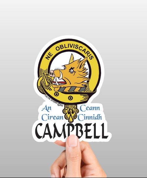 Scottish Clan Campbell Crest Decal showing intricate heraldic design with [Family Name] at the bottom, ideal for car, laptop, or water bottle.
