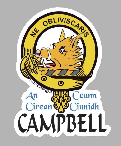 Scottish Clan Campbell Crest Decal showing intricate heraldic design with [Family Name] at the bottom, ideal for car, laptop, or water bottle.