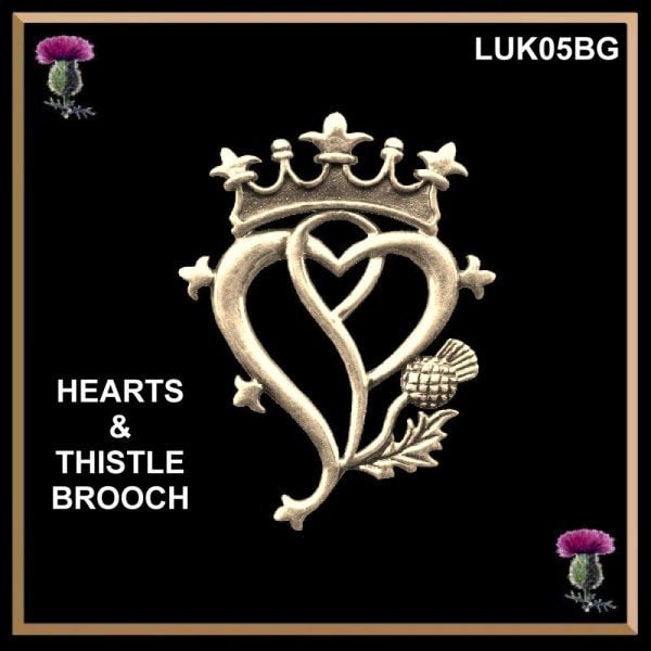 Luckenbooth Hearts and Thistle Gold Brooch Scottish Wedding Pin