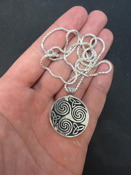 Triskele Double-Sided Sterling Silver Pendant with Trinity Knot and Spiral - Ancient Celtic Symbols Necklace - Heavyweight Box Chain Option
