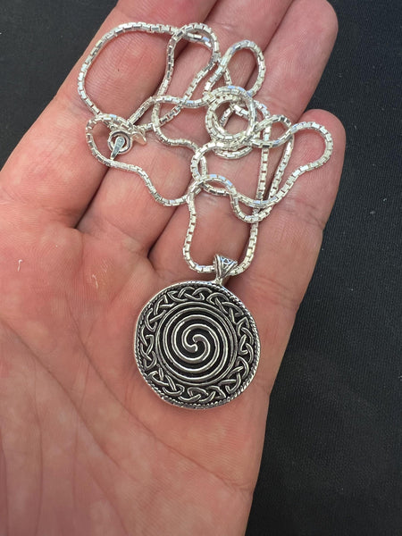 Triskele Double-Sided Sterling Silver Pendant with Trinity Knot and Spiral - Ancient Celtic Symbols Necklace - Heavyweight Box Chain Option