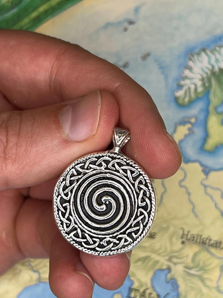 Triskele Double-Sided Sterling Silver Pendant with Trinity Knot and Spiral - Ancient Celtic Symbols Necklace - Heavyweight Box Chain Option