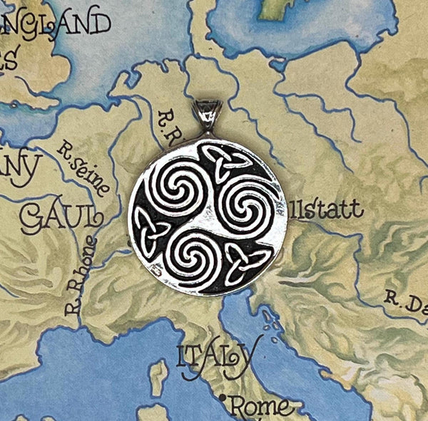 Triskele Double-Sided Sterling Silver Pendant with Trinity Knot and Spiral - Ancient Celtic Symbols Necklace - Heavyweight Box Chain Option
