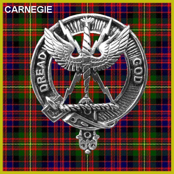 a silver badge with a crest design, set against a background of a plaid pattern.