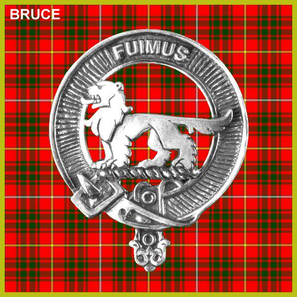 a silver metal emblem with a lion and the word "FUJUS" on it, set against a red and green plaid background.