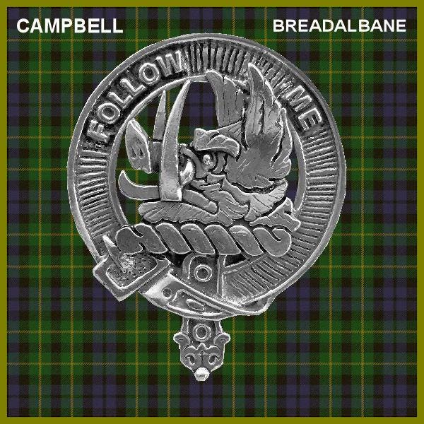 a crest or badge with the text "FOLLOW ME" and a bird-like symbol, set against a background of green and purple plaid.