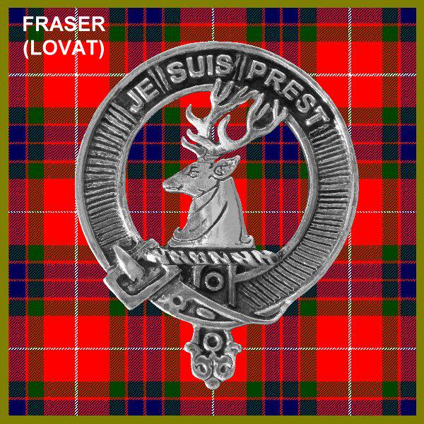a silver badge with a deer head and antlers, set against a red and green plaid background.
