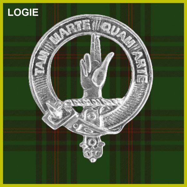 a silver badge with a hand gesture and text, set against a green and red plaid background.