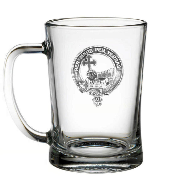 A clear glass mug with a logo on it.