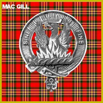 a silver eagle emblem with a flame design, set against a red and green plaid background.